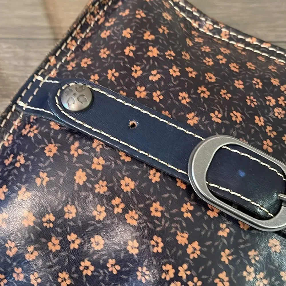 Patrica Nash Venezia Pouch Denim Daises Print, Navy Blue Leather Crossbody